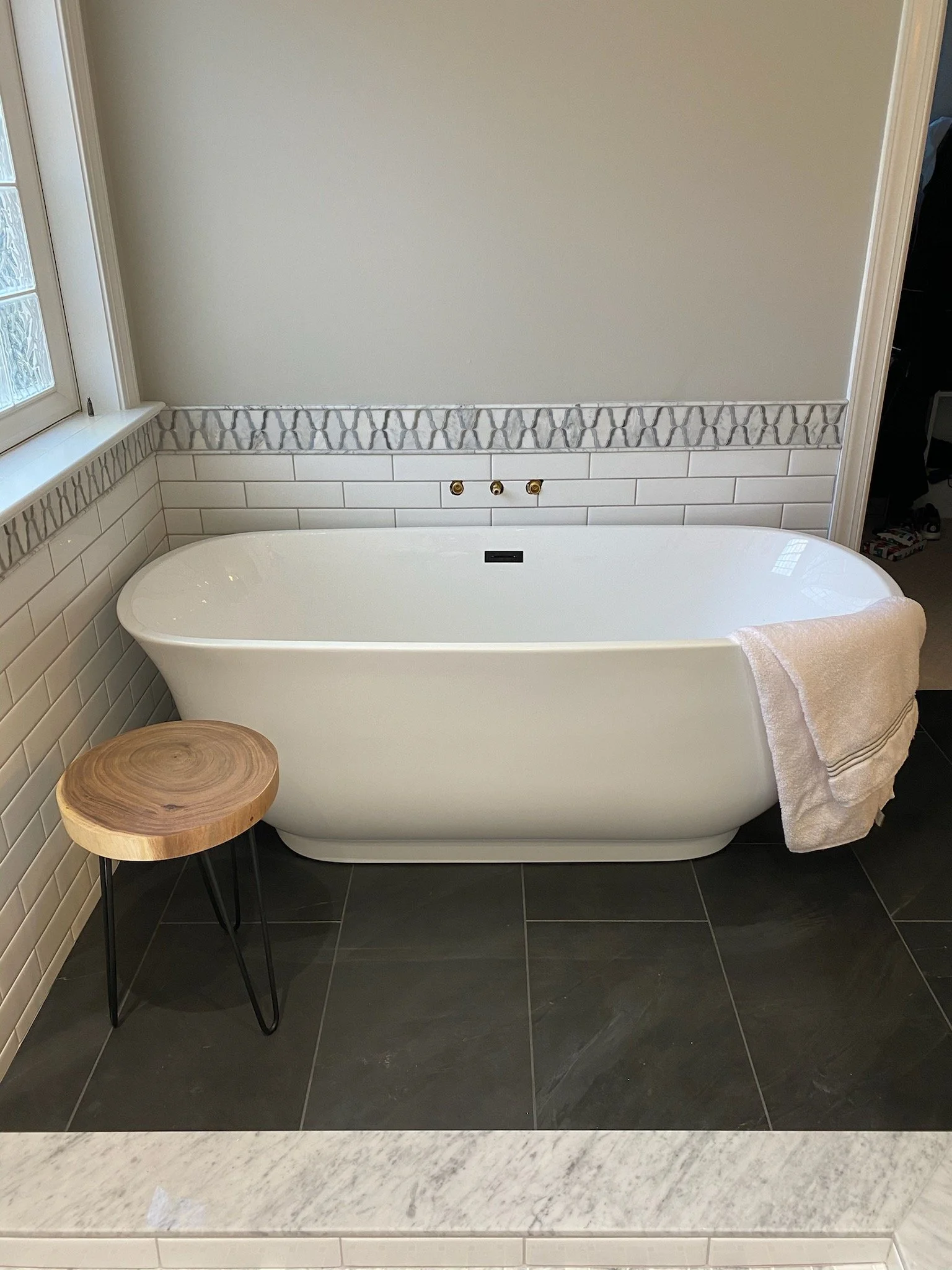 Master bath remodel, Apex NC. Full gut, new layout, custom tile shower, double vanity.