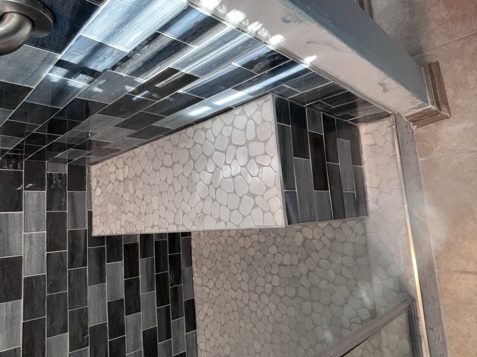 Custom tile shower, Fayetteville NC. Finished shower with custom tile detail.
